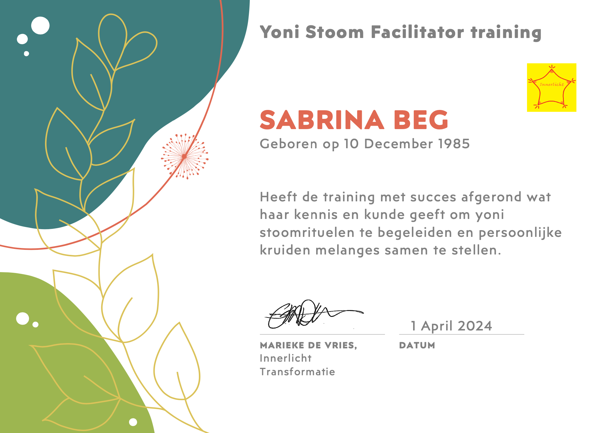 Certificaat Yoni Steam